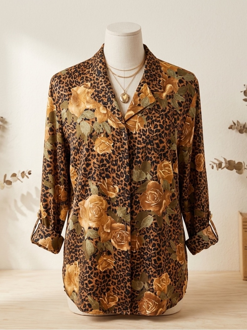 Beautiful Michele Leslie brown & black floral long sleeve button front blouse M